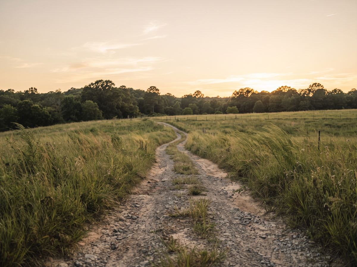 Open acreage at golden hour with a gravel track running toward a distant treeline under a wide evening sky.