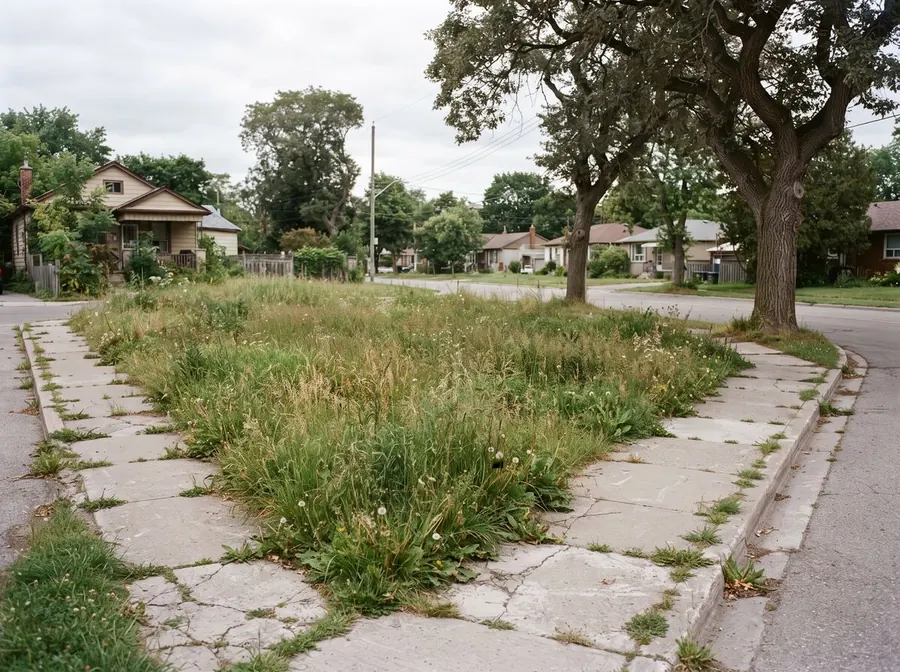 An overgrown empty corner lot in an older residential neighbourhood, grass knee high beside a cracked sidewalk.
