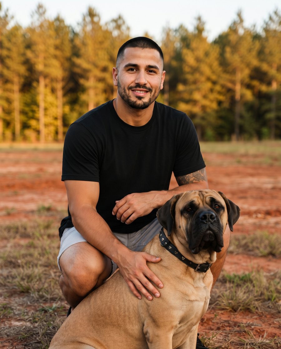 Jock, who buys land for cash in Birmingham, standing outdoors with his mastiff.