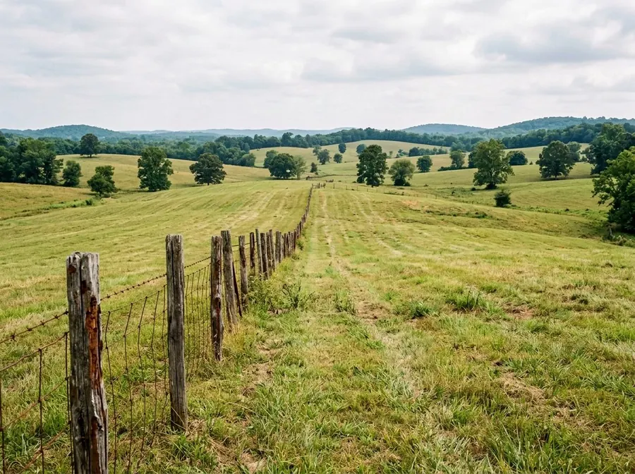 Open rolling acreage with mown grass, scattered hardwoods and an old wire fence line.