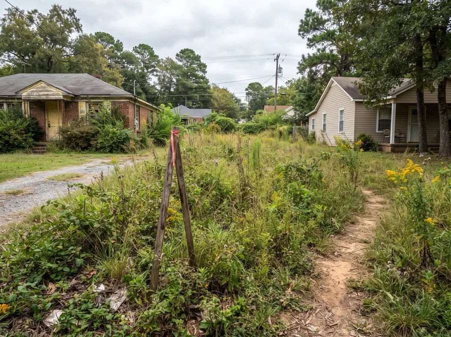 An overgrown empty residential lot between two houses, waist high weeds and a leaning survey stake.