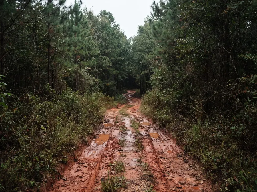 A dirt two track cutting into raw undeveloped land, red clay ruts and thick brush.