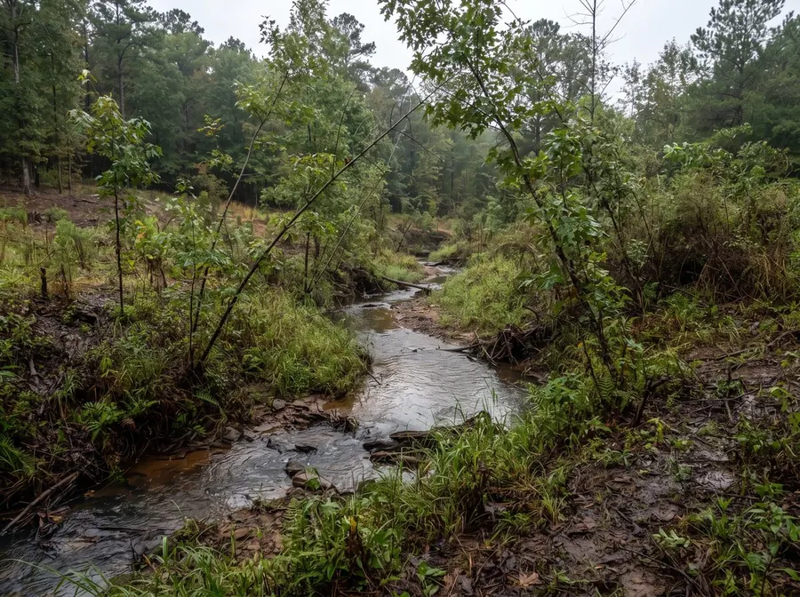 A narrow creek running through the low corner of a rural parcel with wet ground and sedge grass.