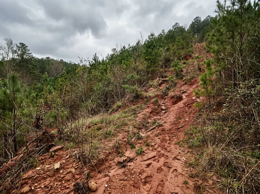 A steep sloped piece of raw land with red clay showing through thin grass and young pines.
