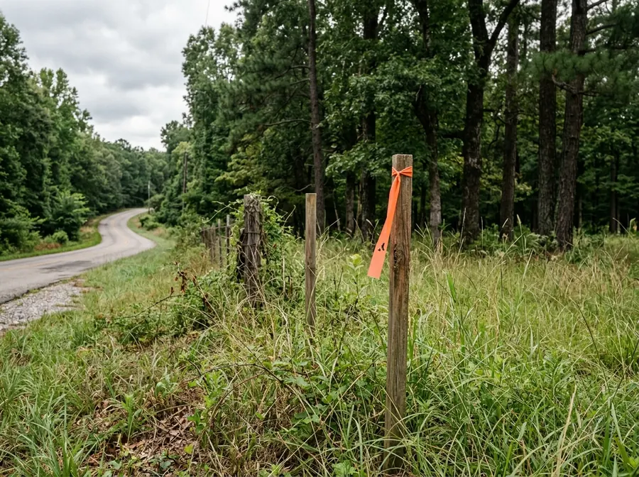 A parcel corner with an orange survey marker and a wooden stake in tall grass.