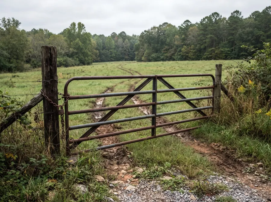 An old metal farm gate chained shut at the entrance to a grass field, two ruts leading in.